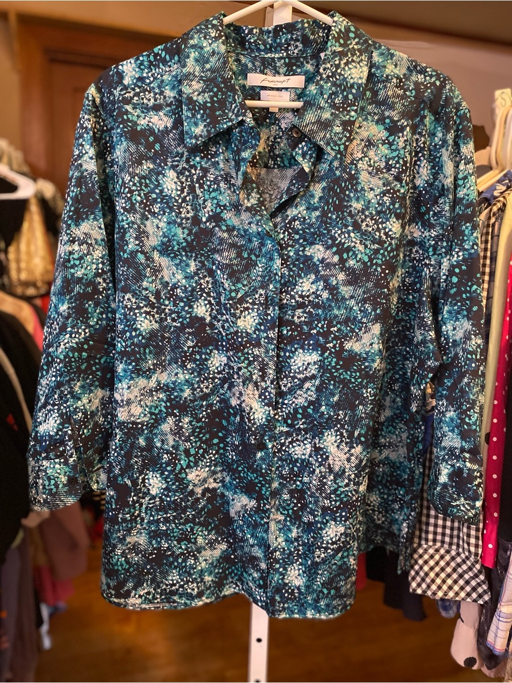 Foxcroft Teal, Blue & Black Printed Button-Down Shirt